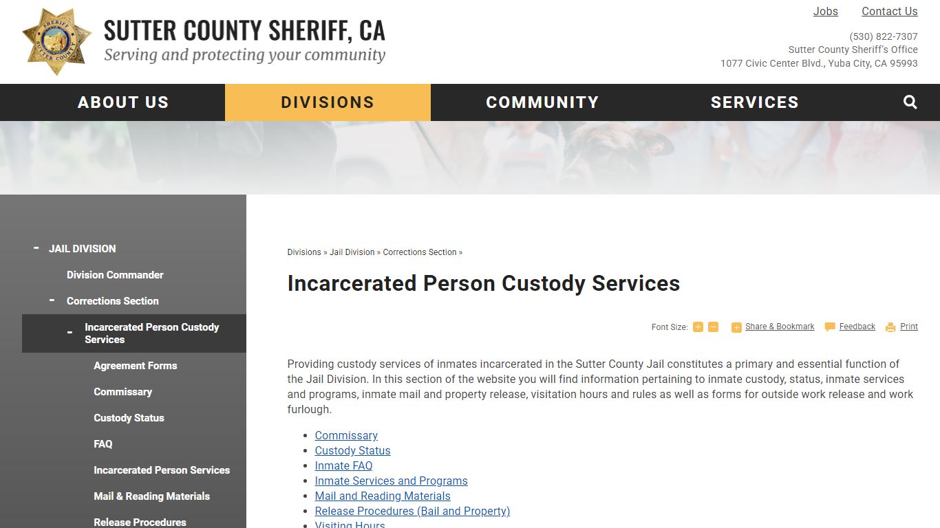 Inmate Custody Services | Sutter County Sheriff, CA